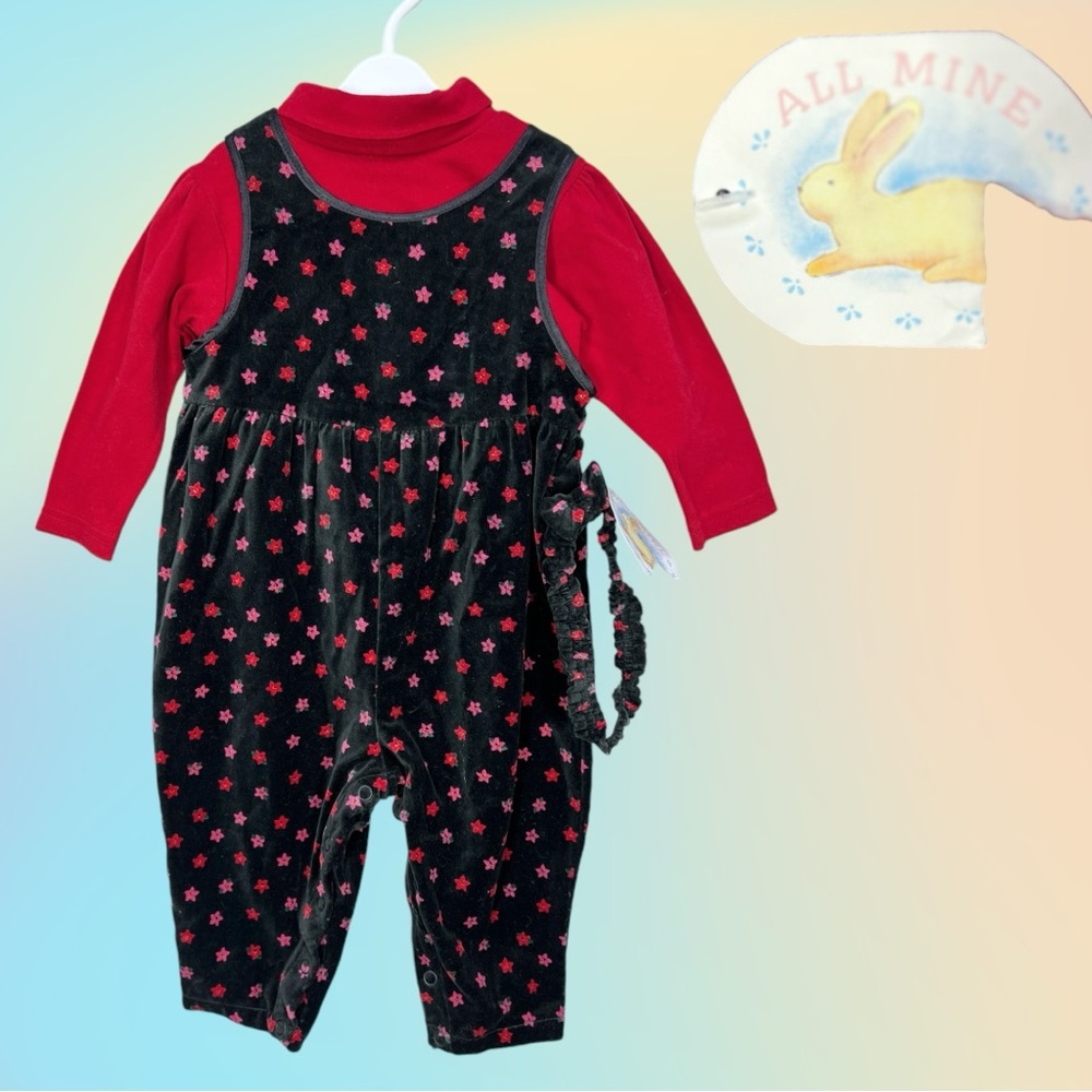NWT 2000's ALL MINE Black/Red Velveteen Jumpsuit, Turtleneck, & Headband 6/9mnth